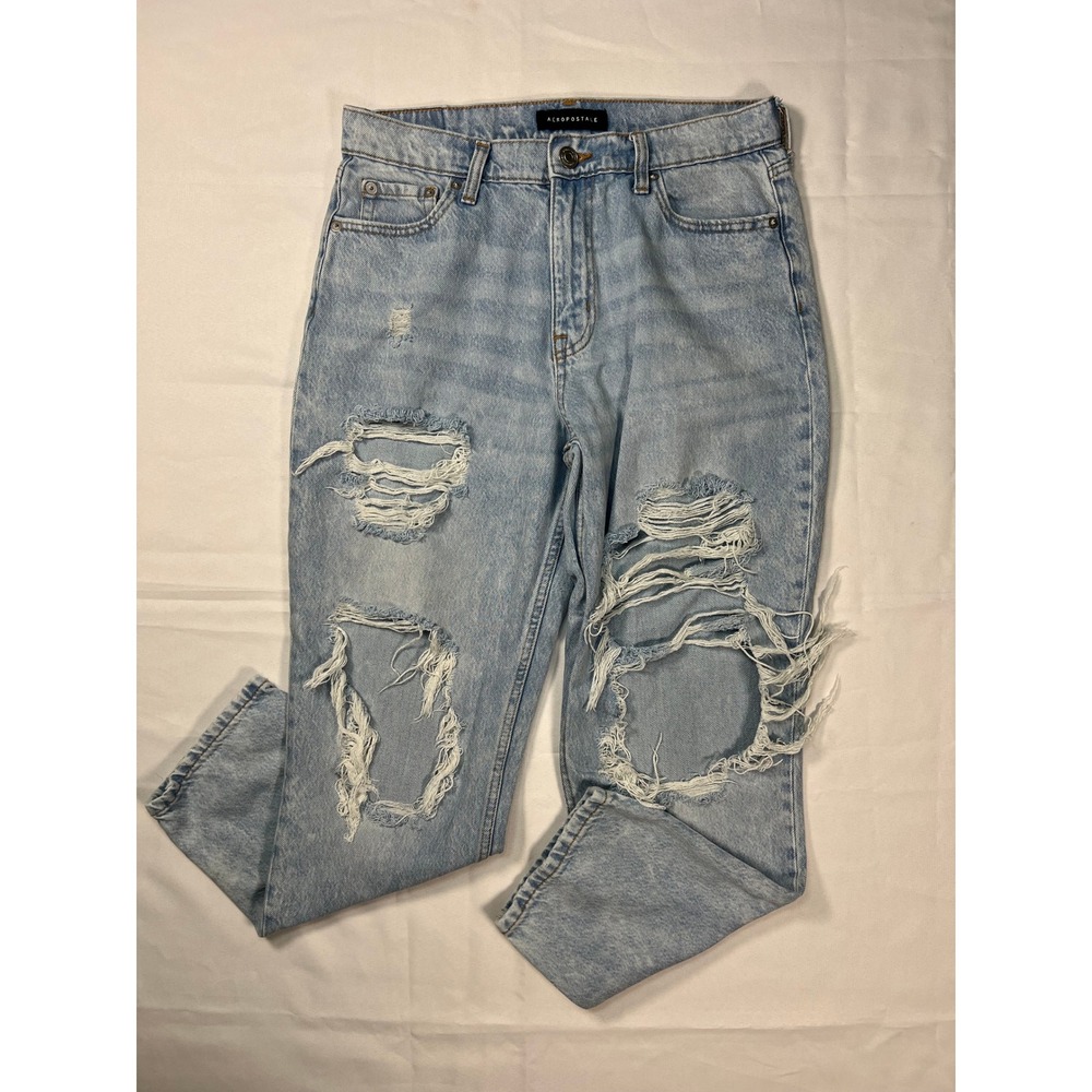 Aeropostale Mom Jean 8 Light Wash Heavy Distressed High Rise Rigid Denim Y2k